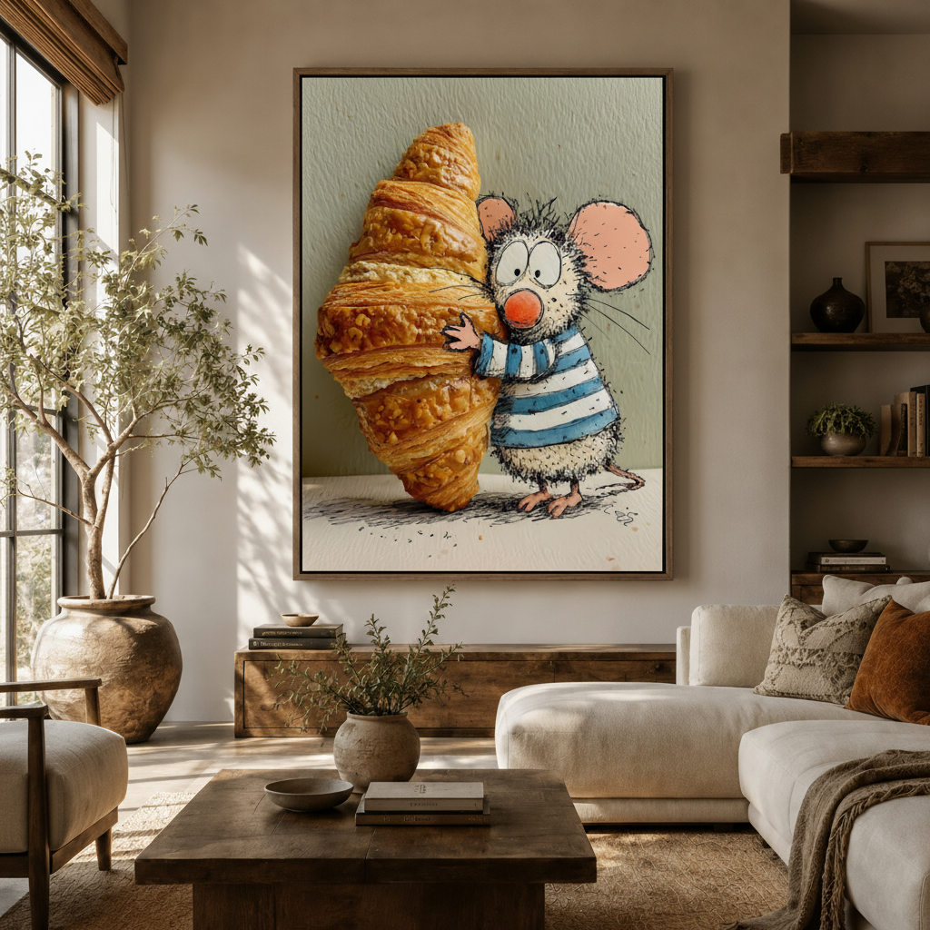 Charming mouse croissant whimsical canvas above sideboard in warm modern living room