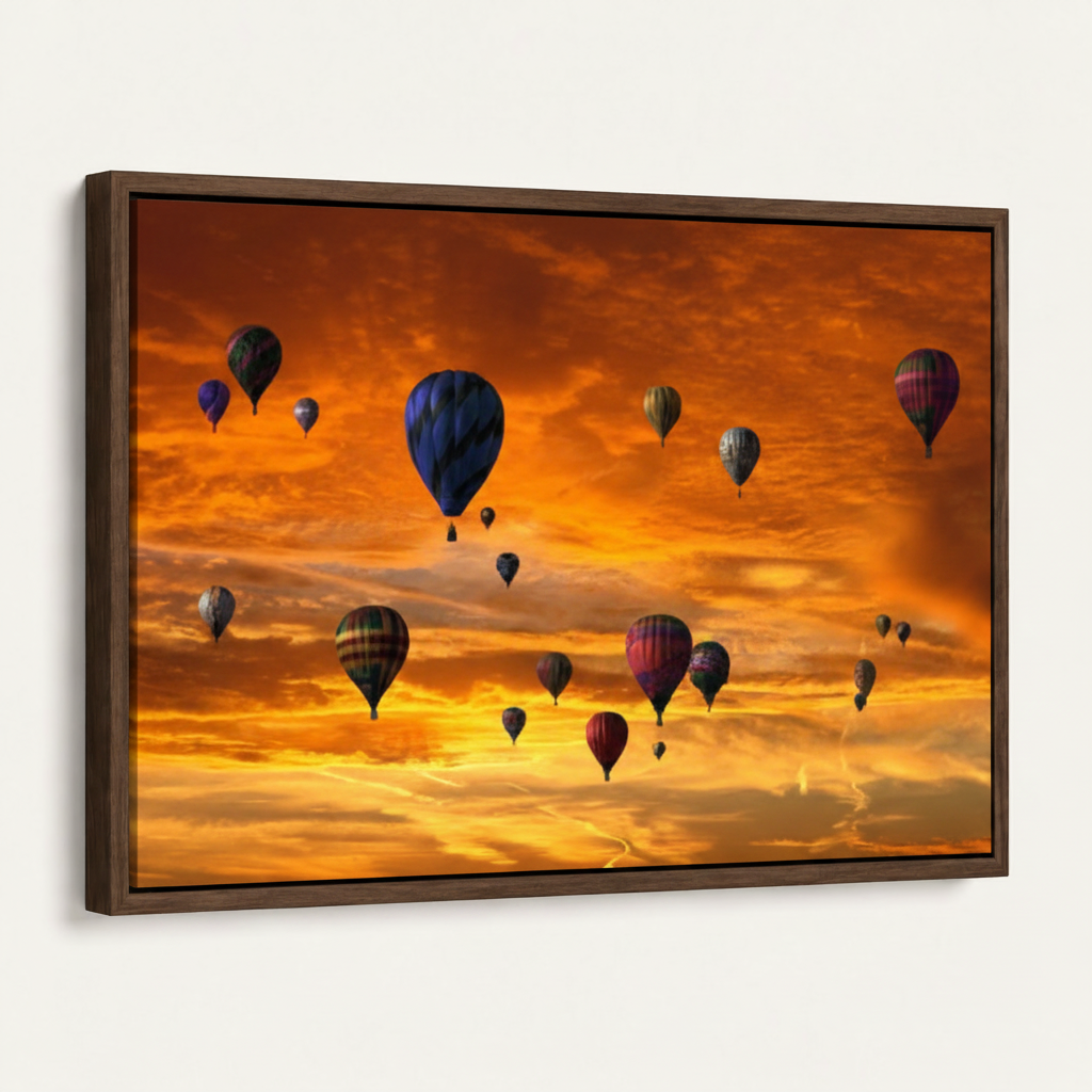 Side-angle view of framed hot air balloon sunset canvas showing depth and rich amber tones