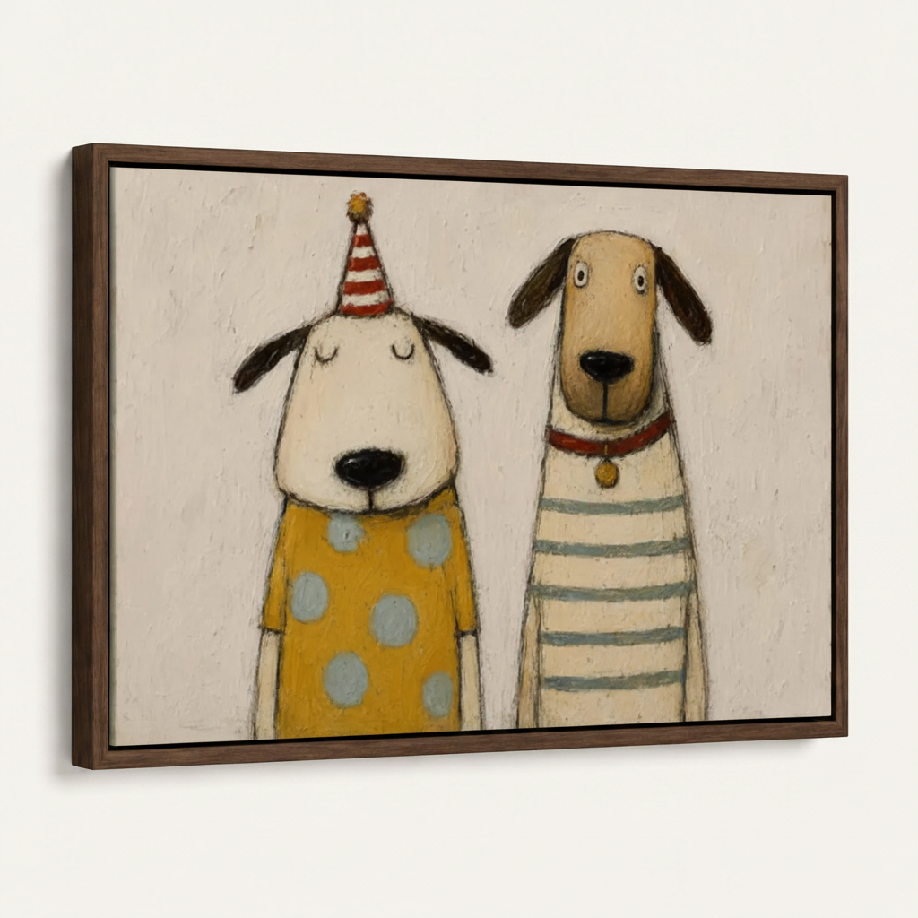 Framed canvas of whimsical folk art dogs wearing party hat and striped shirt with walnut float frame