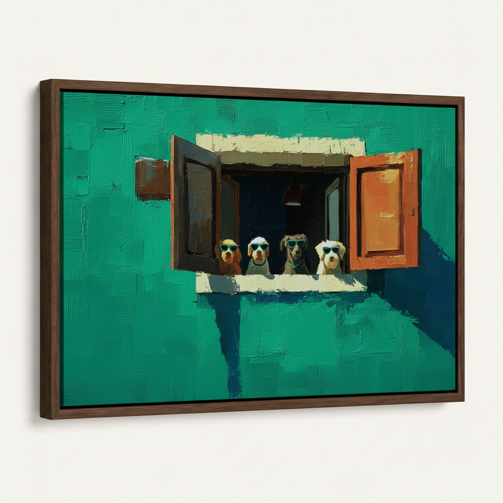 Framed canvas wall art with dark walnut float frame at 45-degree angle on white background