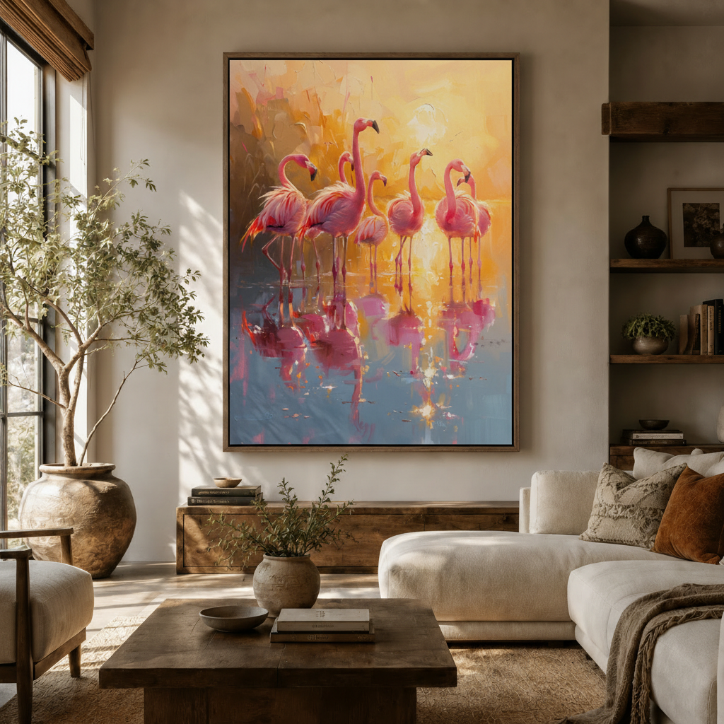 Flamingo sunset canvas wall art displayed above sideboard in warm modern living room with olive tree and cream sofa