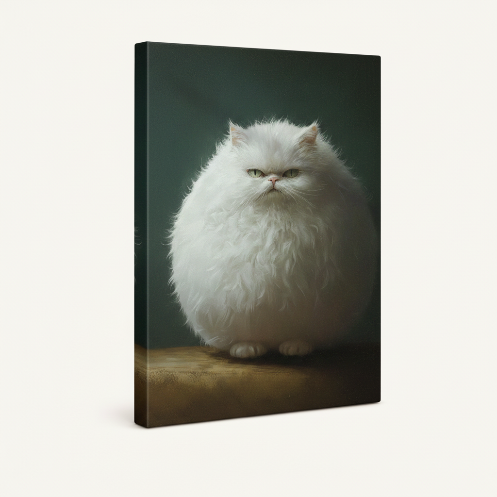 Side angle view of gallery-wrapped canvas showing fluffy white Persian cat on deep teal background