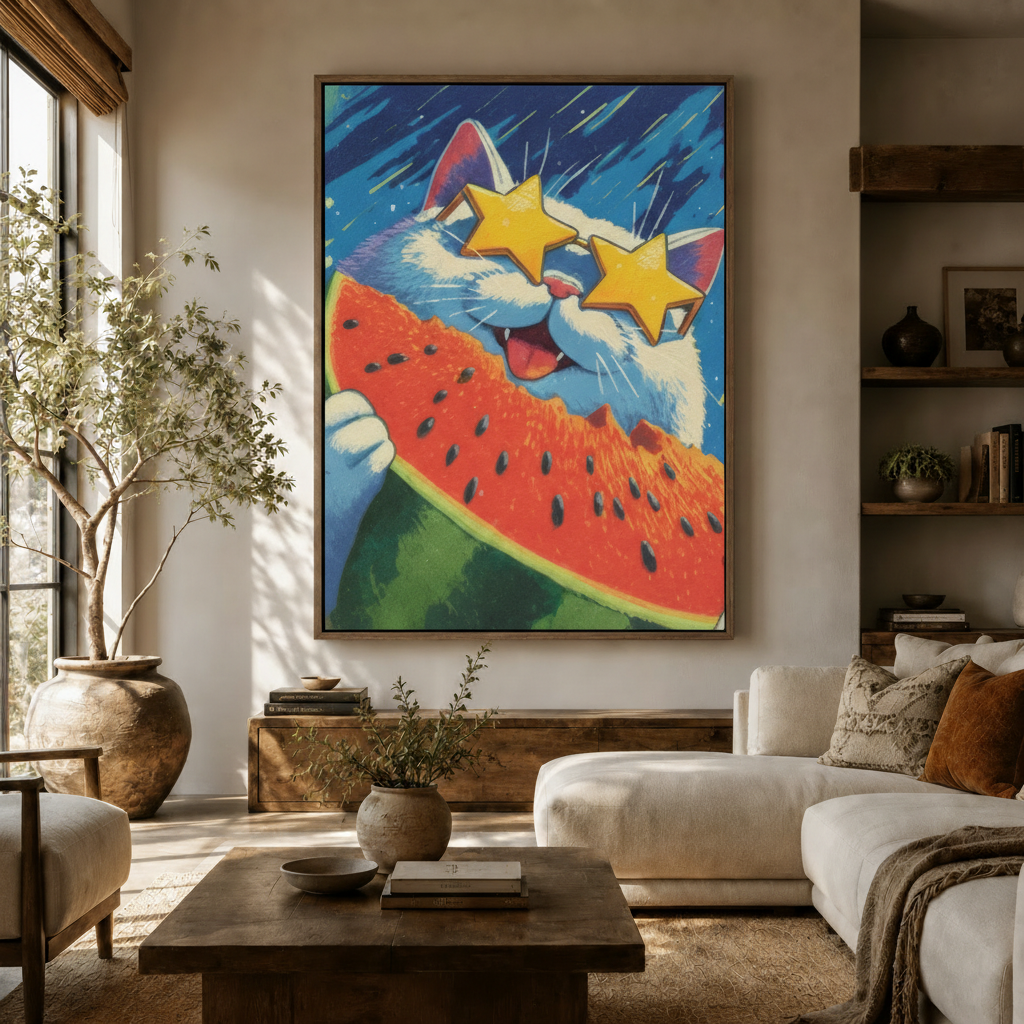 Vibrant white cat watermelon retro pop canvas in walnut frame above rustic sideboard in warm living room