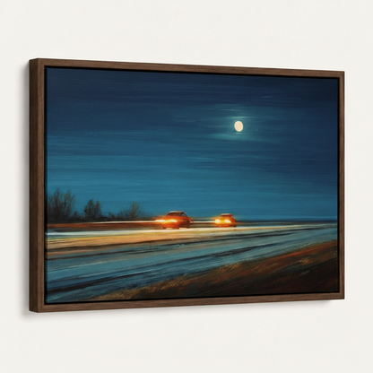 Dark walnut float frame canvas with moonlit highway night scene, angled product view on white background