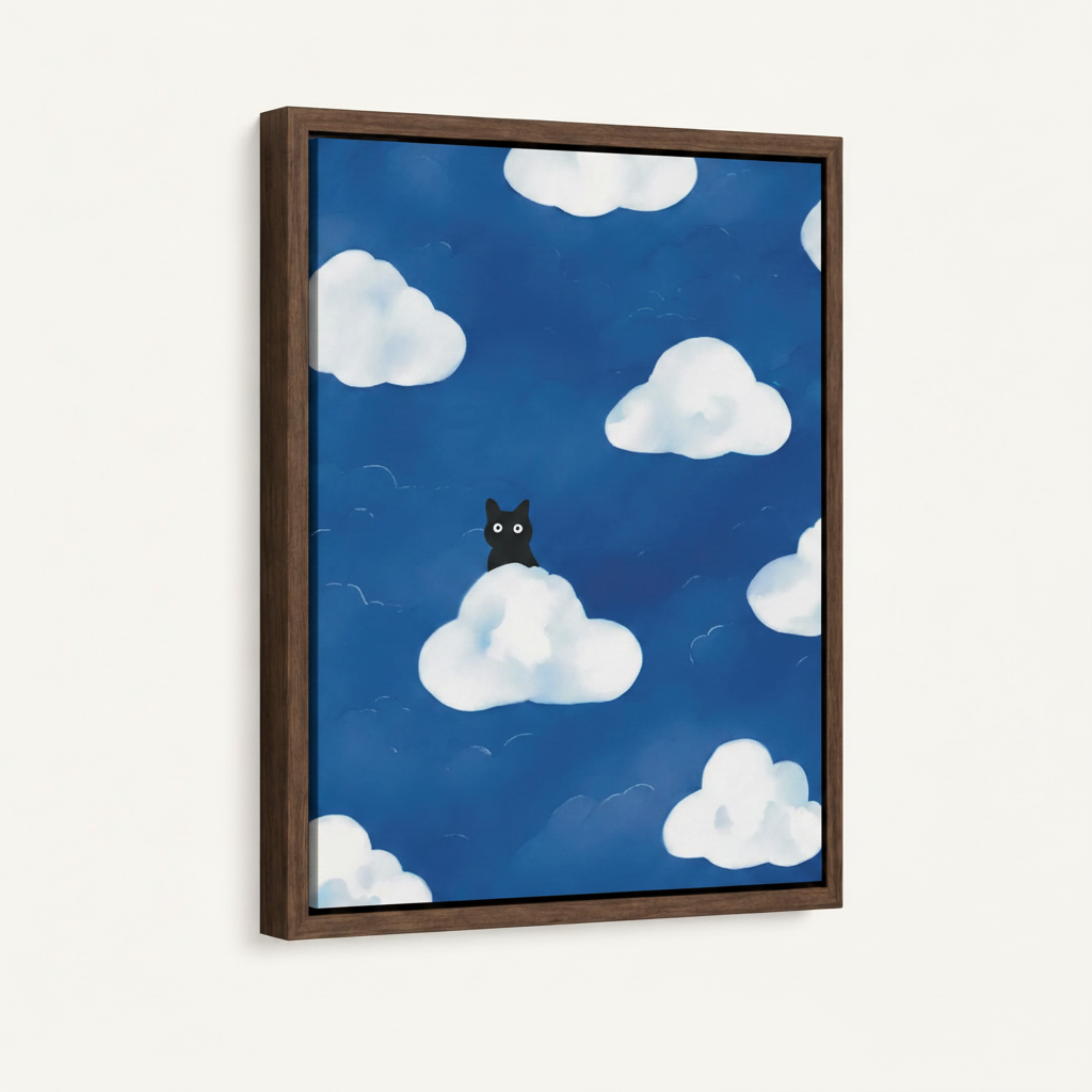 Black cat whimsical cloud canvas in wide dark walnut float frame 3/4 angle product mockup on white background