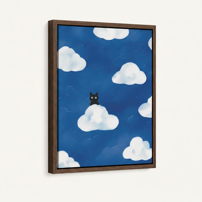 Black cat whimsical cloud canvas in wide dark walnut float frame 3/4 angle product mockup on white background