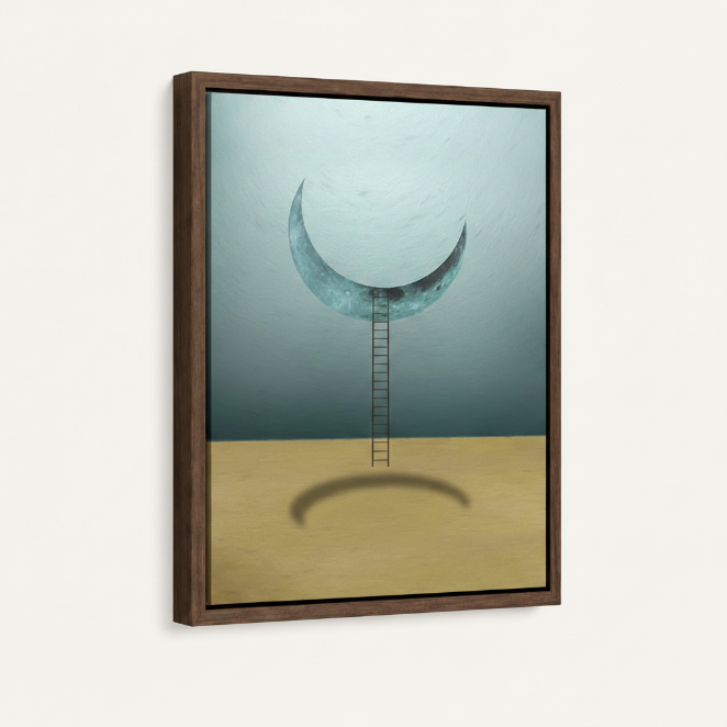 Dark walnut floating frame canvas of crescent moon and ladder, angled product view