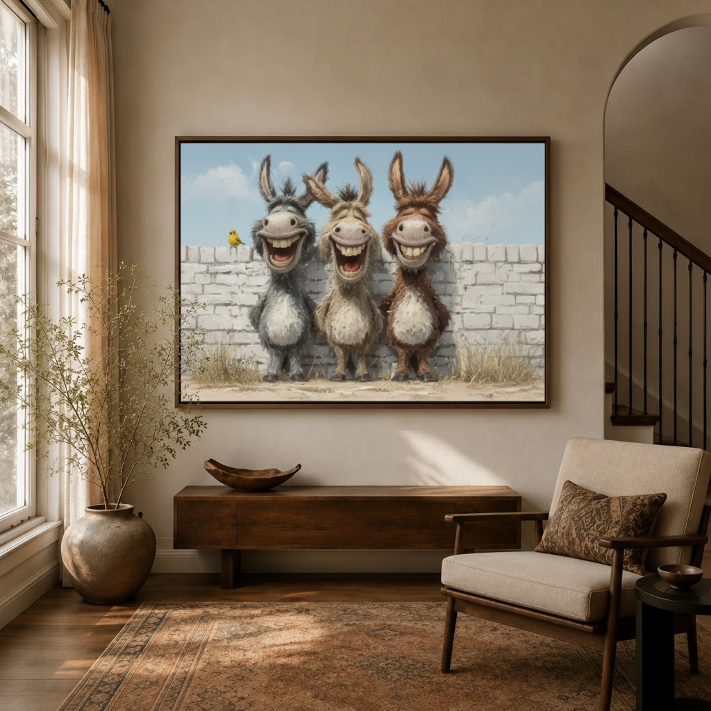 Three laughing donkeys cartoon canvas hanging in warm golden entryway beside staircase console armchair