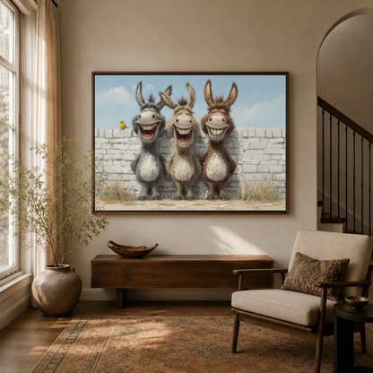 Three laughing donkeys cartoon canvas hanging in warm golden entryway beside staircase console armchair