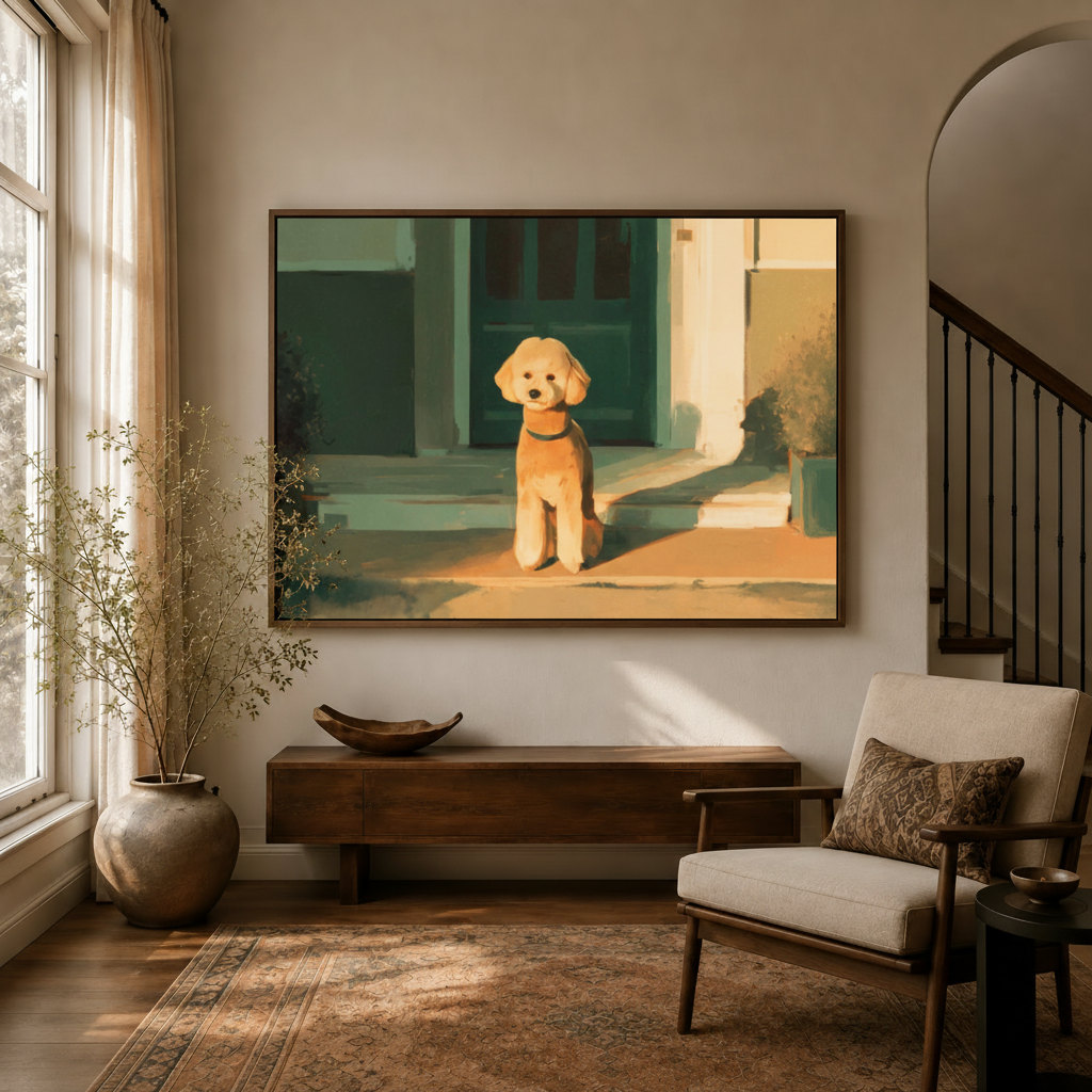 Impressionist golden poodle canvas art hanging in warm entryway with arched doorway decor