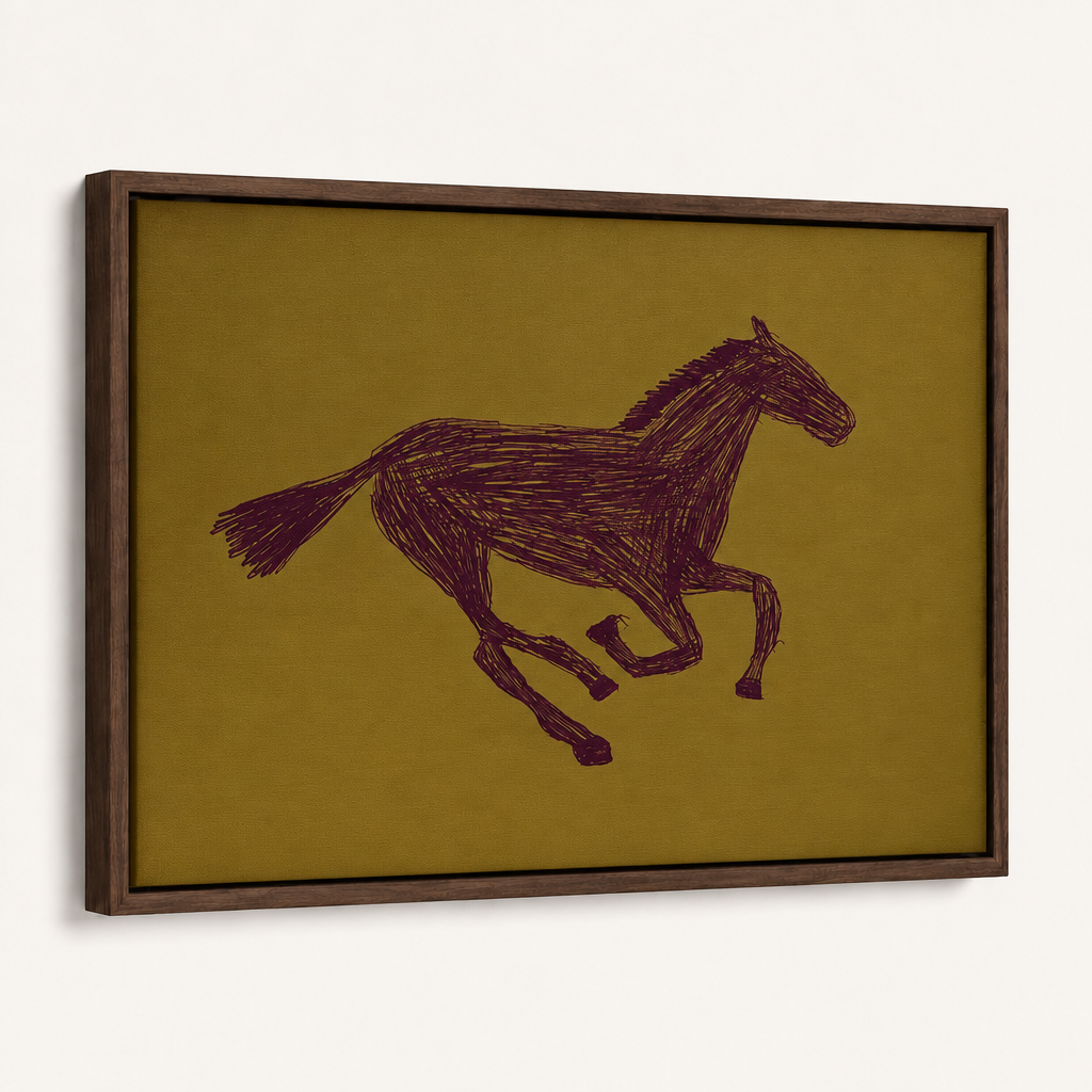 Dark horse sketch wall art in a dark brown floating frame, angled three-quarter view on a clean white background