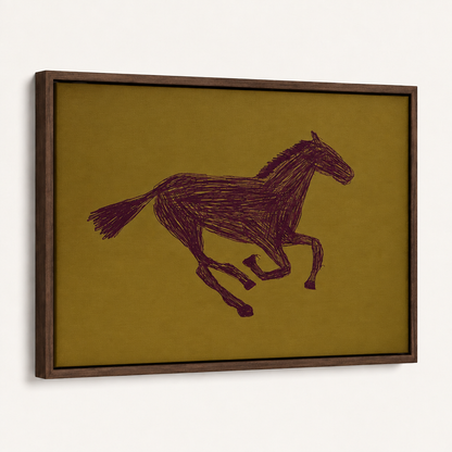 Dark horse sketch wall art in a dark brown floating frame, angled three-quarter view on a clean white background