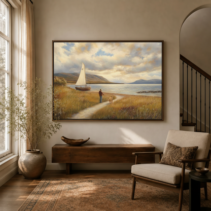 Classical coastal landscape man walking dog sailboat canvas art hanging in warm entryway beside staircase