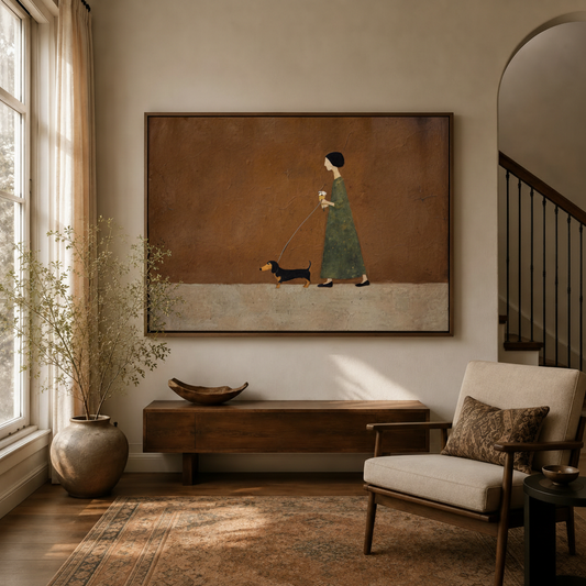 Minimalist dachshund canvas art hanging in warm entryway with arched doorway and dried branch decor