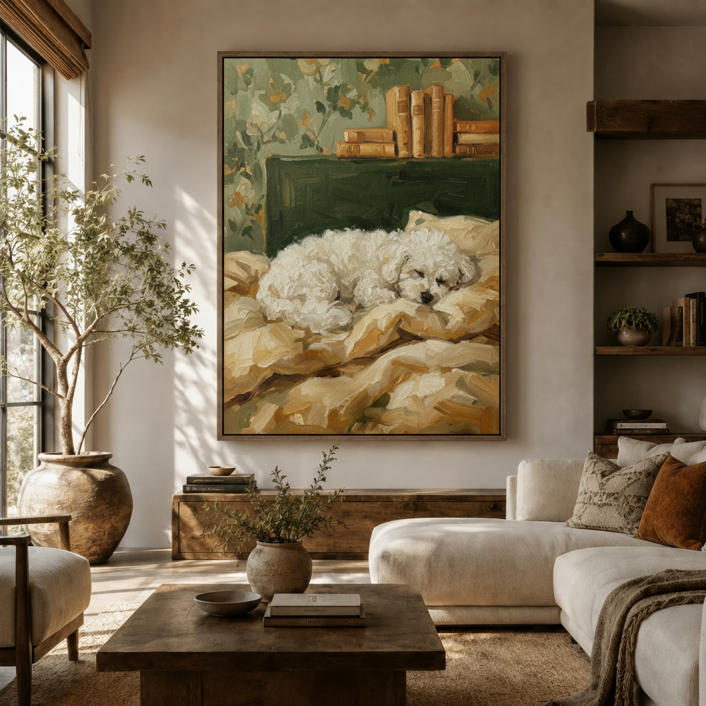 Classical sleeping dog canvas wall art hanging in warm modern living room with olive tree and cream sofa