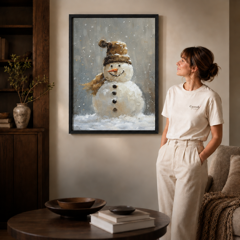 Snowman portrait with falling snow in a slim black frame beside a woman.