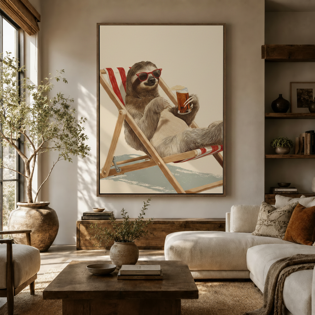 Chill sloth canvas wall art hung in warm Japandi-style living room above console