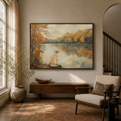 Golden retriever autumn lake impressionist canvas art hanging in warm entryway beside staircase and armchair