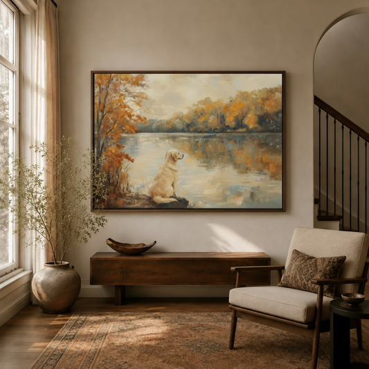 Golden retriever autumn lake impressionist canvas art hanging in warm entryway beside staircase and armchair