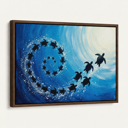 Dark walnut floater frame canvas of sea turtle ocean wave formation on off-white background, angled product view