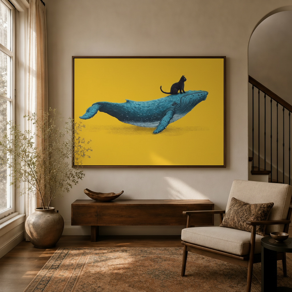 Surrealist black cat whale canvas art hanging in warm entryway beside staircase and linen armchair