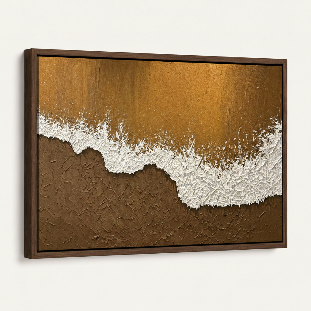 Abstract gold beach wave canvas in dark walnut float frame angled product view white background