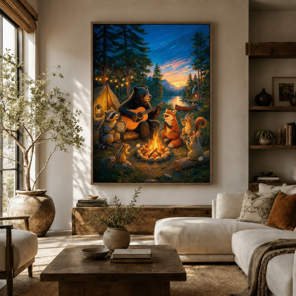 Whimsical woodland campfire canvas wall art hanging in warm modern living room with olive tree and white sofa
