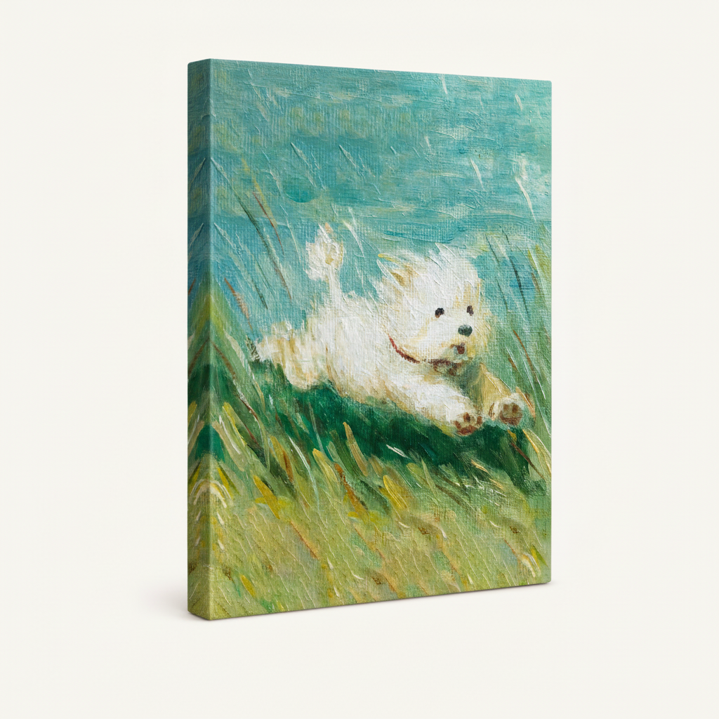 Gallery-wrapped canvas side view showing impressionist white terrier leaping through grass