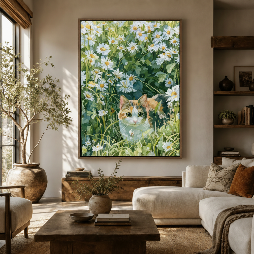 Botanical cat canvas wall art hanging in warm modern living room with olive tree and white sofa