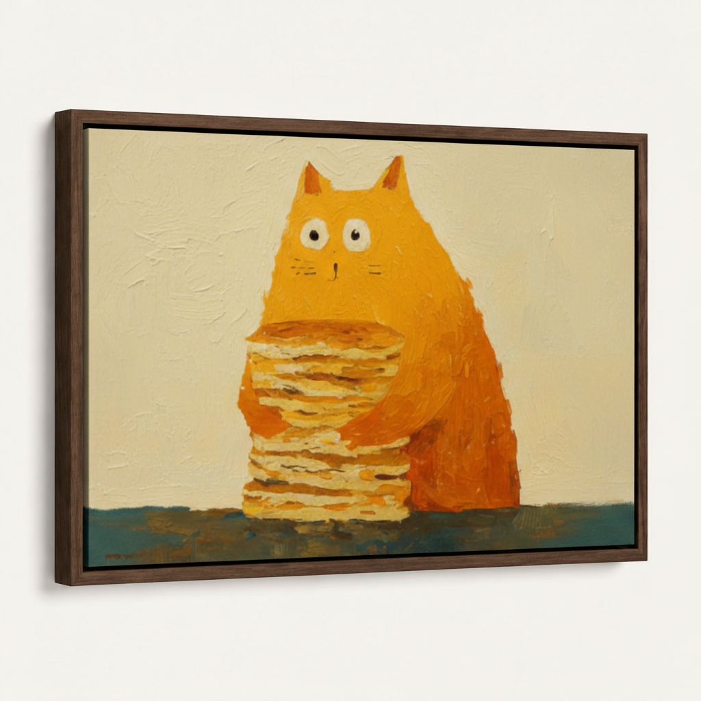 Framed canvas wall art of chubby orange cat holding pancake stack, three-quarter angle view