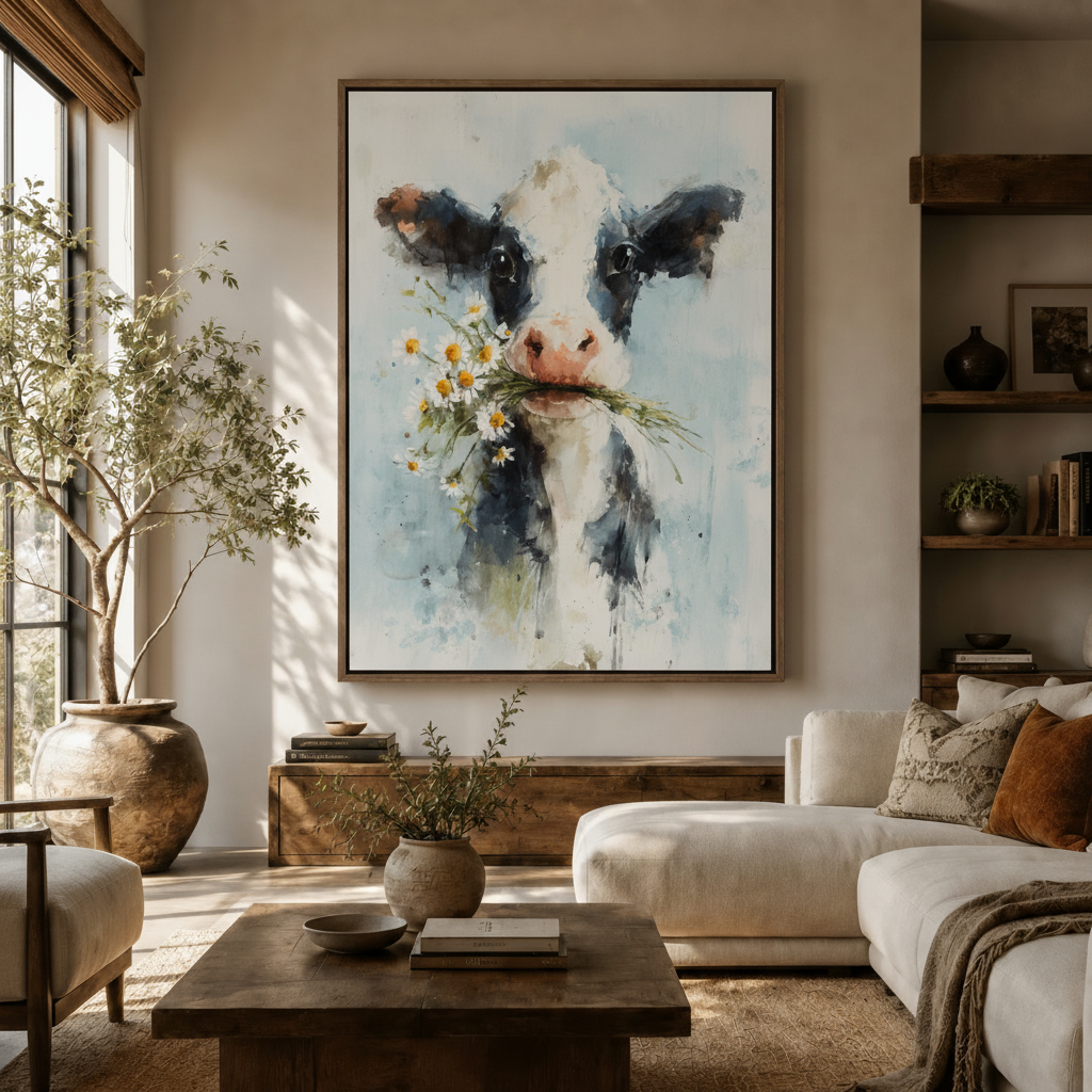 Soft watercolor dairy cow canvas with daisies hanging in warm neutral living room above sideboard