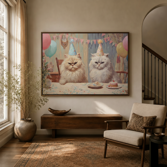 Whimsical Persian cats birthday canvas art hanging in warm entryway beside staircase and linen armchair