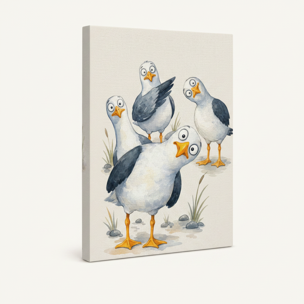 Whimsical cartoon seagull gallery-wrapped canvas shown at angle on cream background highlighting thick wrap edges