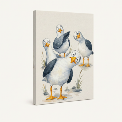 Whimsical cartoon seagull gallery-wrapped canvas shown at angle on cream background highlighting thick wrap edges