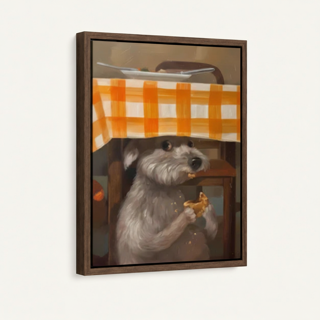 Framed schnauzer sneaking food canvas print with walnut frame shown at angle against white wall