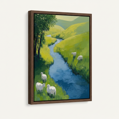 Framed pastoral canvas wall art with dark walnut float frame on white background