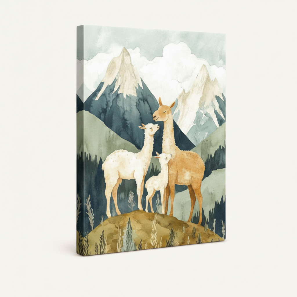 Gallery-wrapped llama family watercolor canvas shown at angle on clean white background