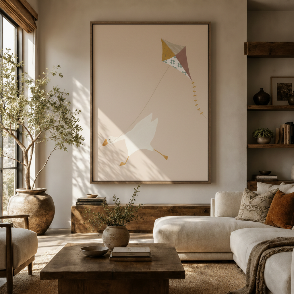 White goose kite modern minimalist canvas in walnut frame above rustic sideboard in warm bright living room