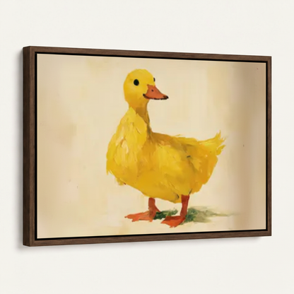 Close view of a bright yellow duck painting on a warm cream background