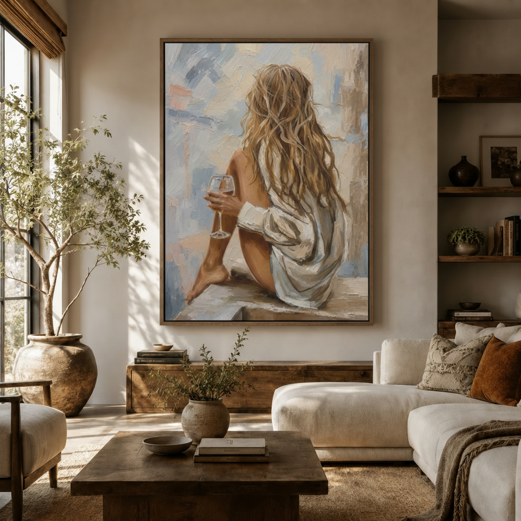 Large woman figure wine glass canvas wall art hung above sideboard in modern living room