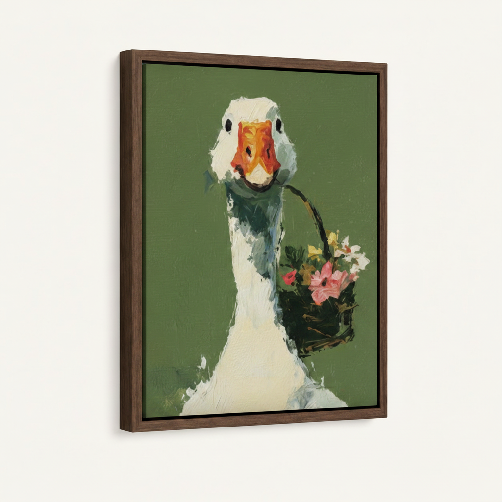 Framed goose canvas art in dark walnut floater frame, 3/4 angle product shot on white background