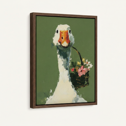 Framed goose canvas art in dark walnut floater frame, 3/4 angle product shot on white background