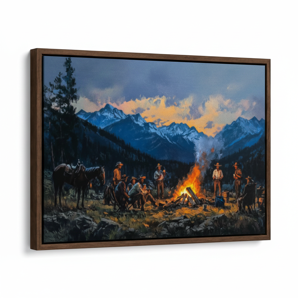 Cowboys campfire canvas wall art in dark walnut float frame at 45-degree angle on white background product view