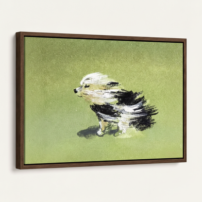 Framed impressionist dog canvas with dark walnut float frame at 45-degree angle on white wall