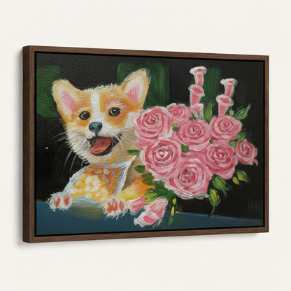 Dark walnut float frame canvas with hand-painted Corgi and roses, angled product view on white background