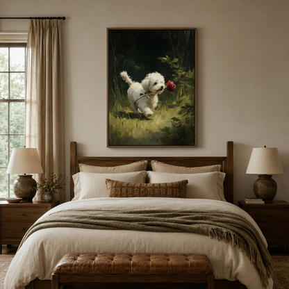 Bichon puppy rose garden classical canvas wall art hanging above bed in cozy bedroom interior