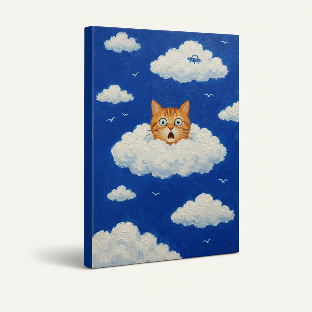 Gallery-wrapped canvas side view of surprised orange cat emerging from fluffy white clouds