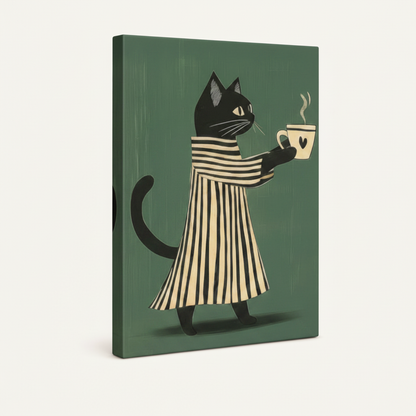 Gallery wrapped black cat coffee canvas print angled side view on white background