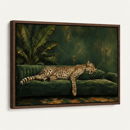 Sleeping cheetah framed canvas wall art product mockup on white background angled float frame view