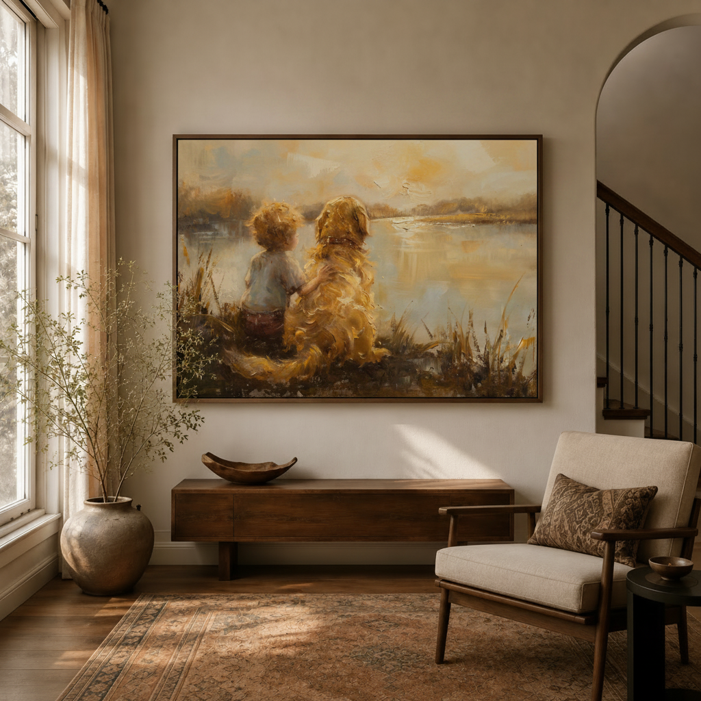 Child golden retriever sunset impressionist canvas art hanging in warm entryway beside staircase and armchair